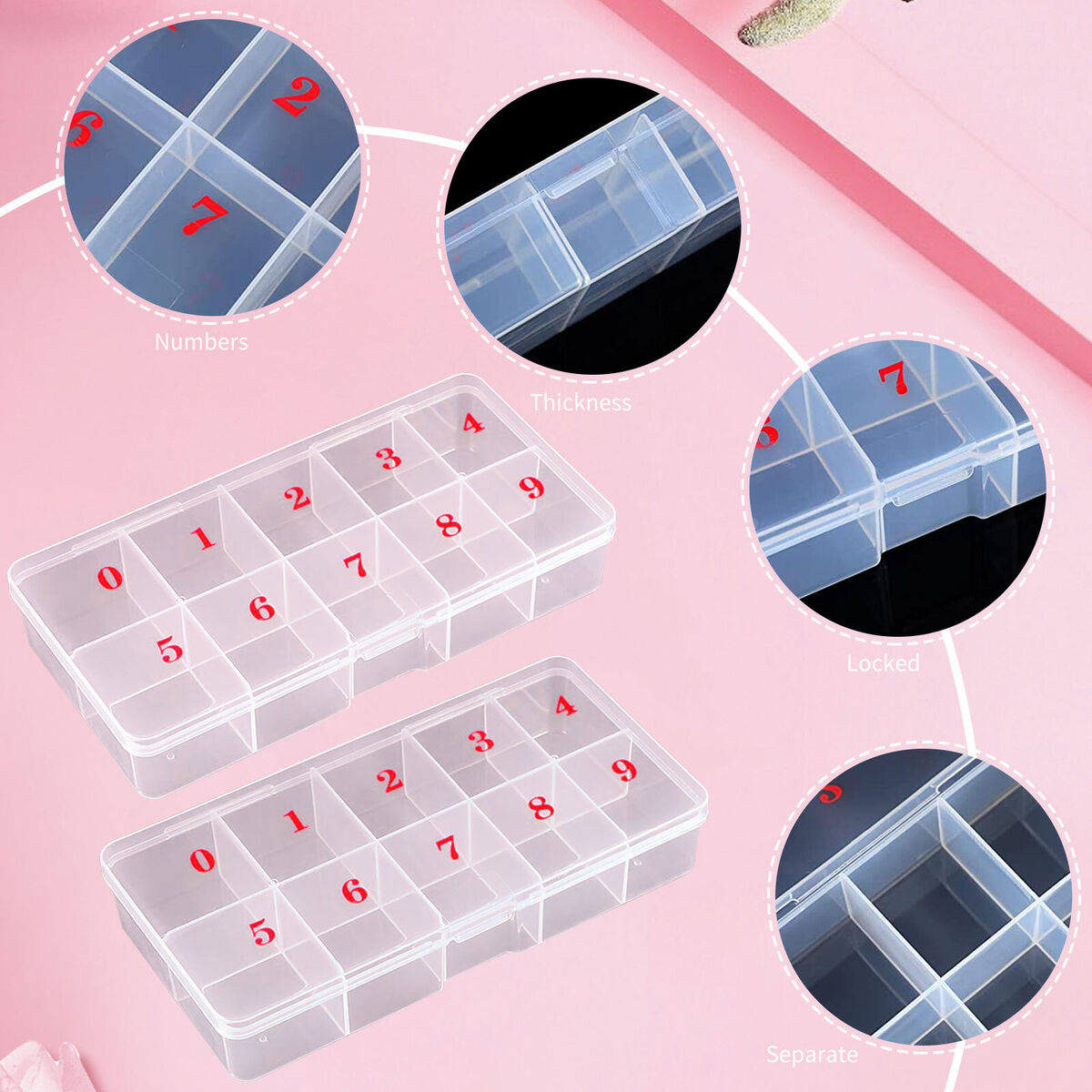 2 Pieces Nail Tip Box Plastic False Nail Art Tips Storage Box with 10 Grid