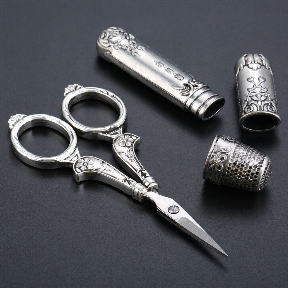 Exquisitely Carved Scissors Thimble Needle Case Embroidery Sewing Tool 3Pc/Set