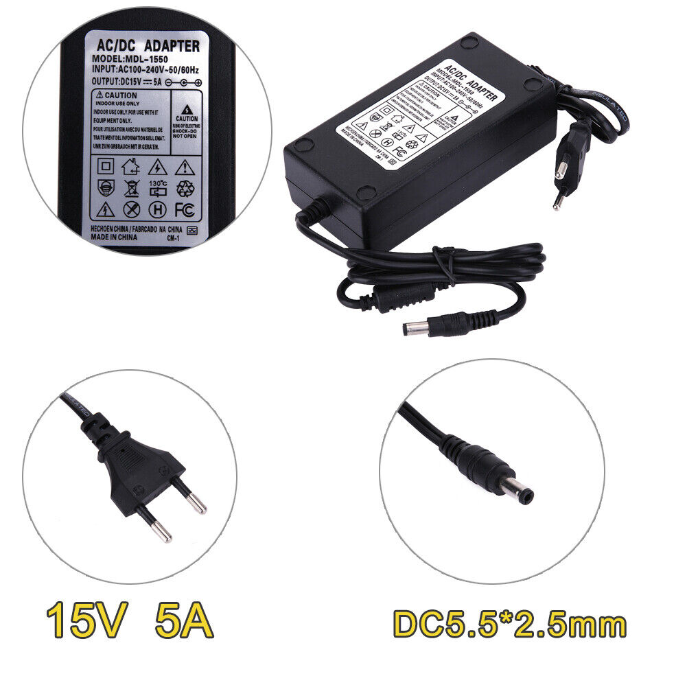 15V 5A AC to DC Power Adapter Dual Cable Converter Universal 5.5x2.1-2.5mm