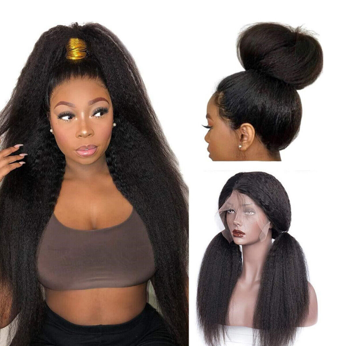 Synthetic Black Wig Kinky Straight Yaki Hair Lace Front Wigs Long Hair for Women