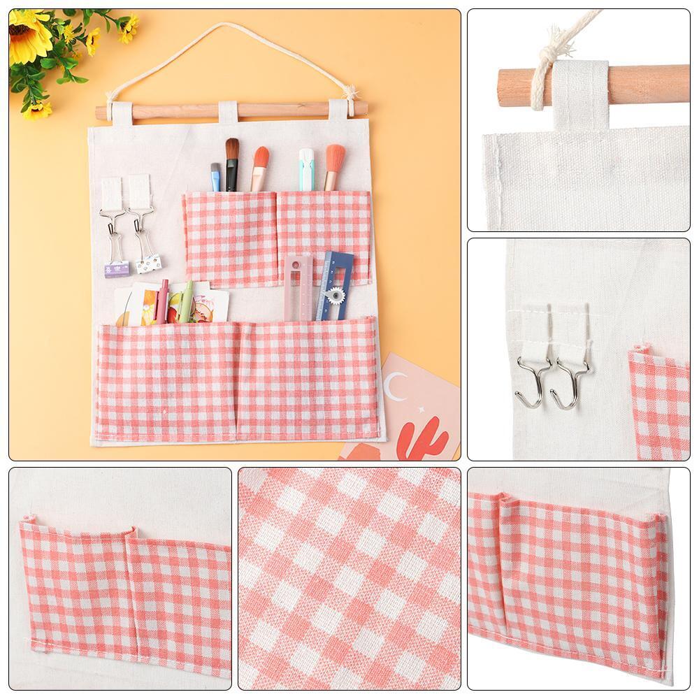 Storage Wall Behind The Door 4 Pockets Storage Bags Pink Grid Hanging Bag