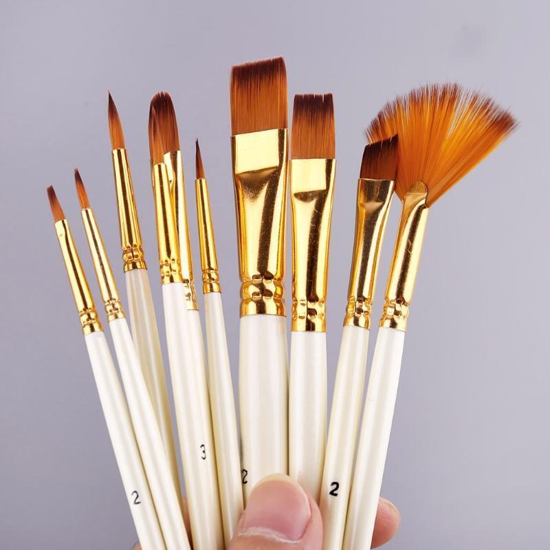 10pcs Nylon Hair Wooden Handle Watercolor Paint Brush Pen Oil Acrylic Painting