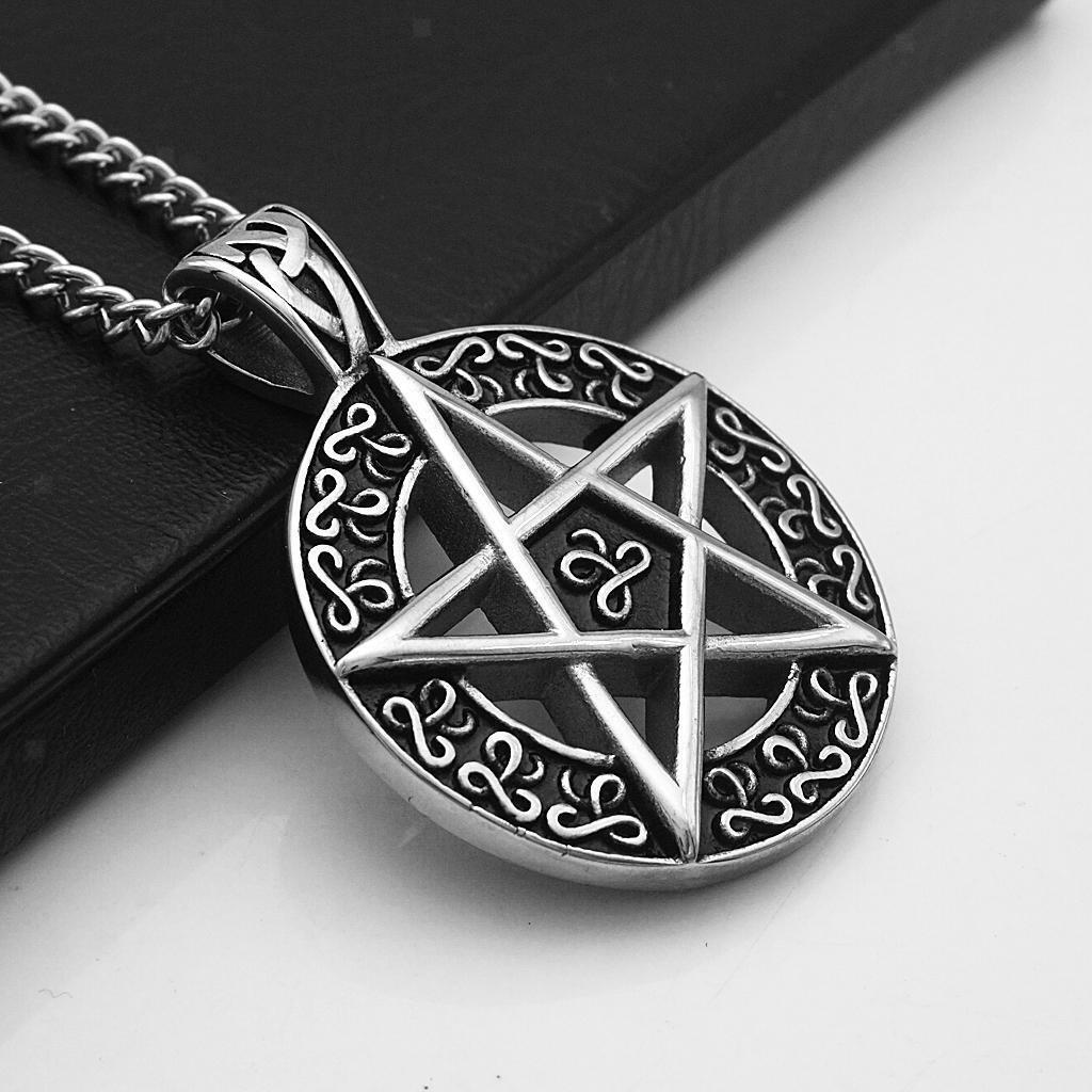Pentacle Engraved  Rune Pendant Stainless Steel Necklace