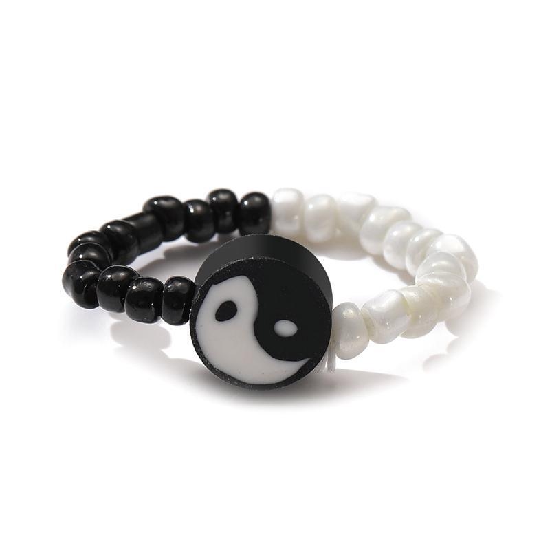 Ladies European American Black and White Tai Chi Rice Bead Ring Fashion Jewelry