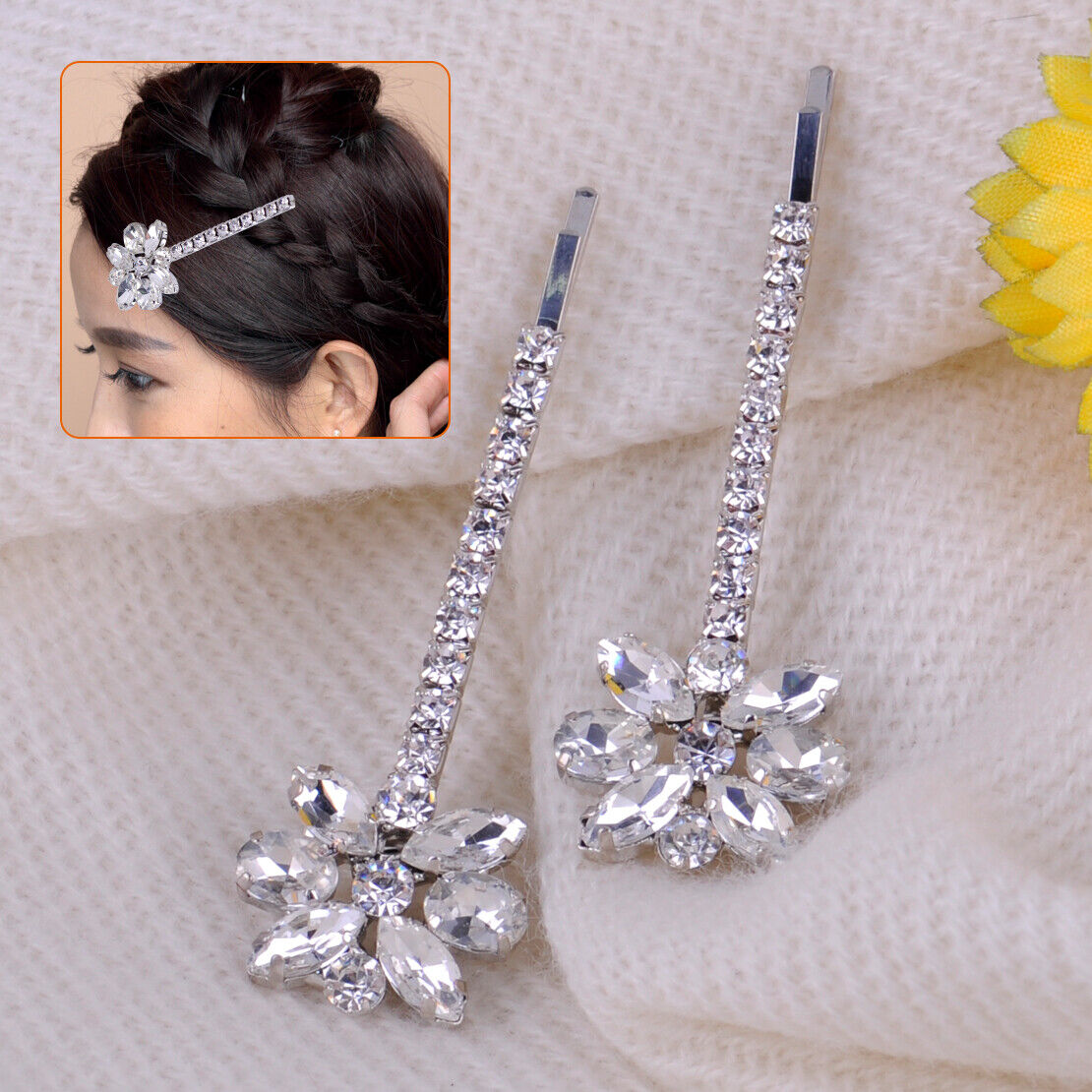 2 Diamante Flower Crystal Hair Grips Barrette Clips Slide fr Bridal Wedding Li