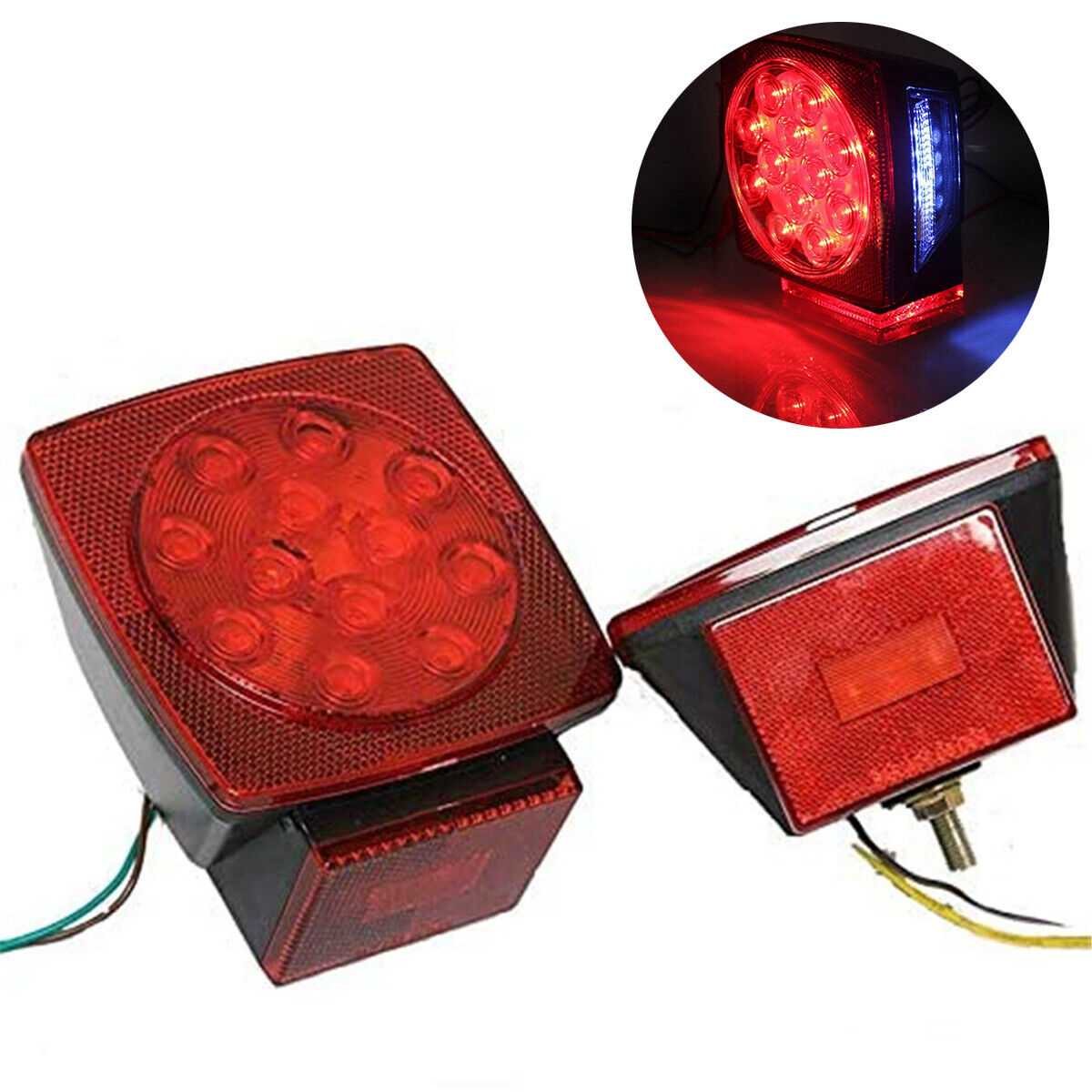Pair Square LED Submersible Tail Brake Light License Illuminator for Trailer SUV