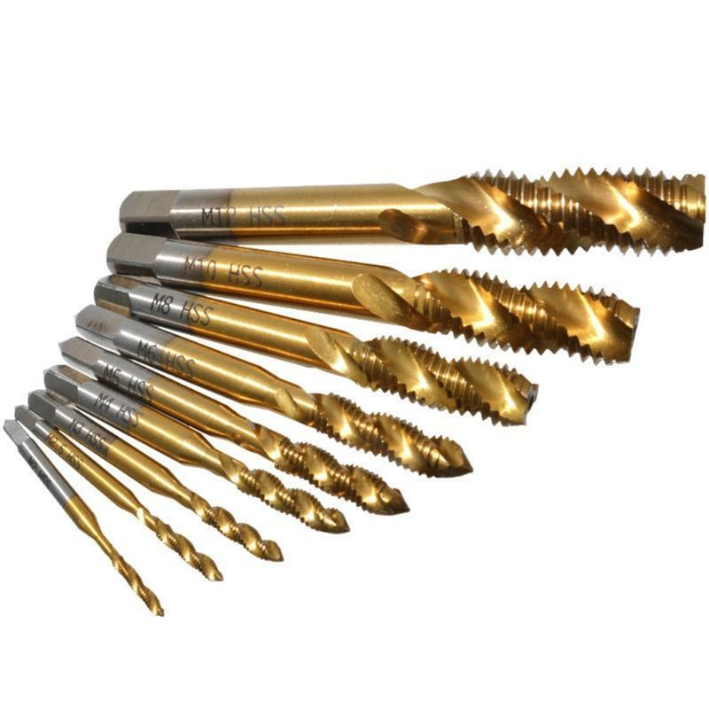 9pcs M2-M12 Titanium Coated High Speed Steel HSS Screw Thread Metric Spiral Taps