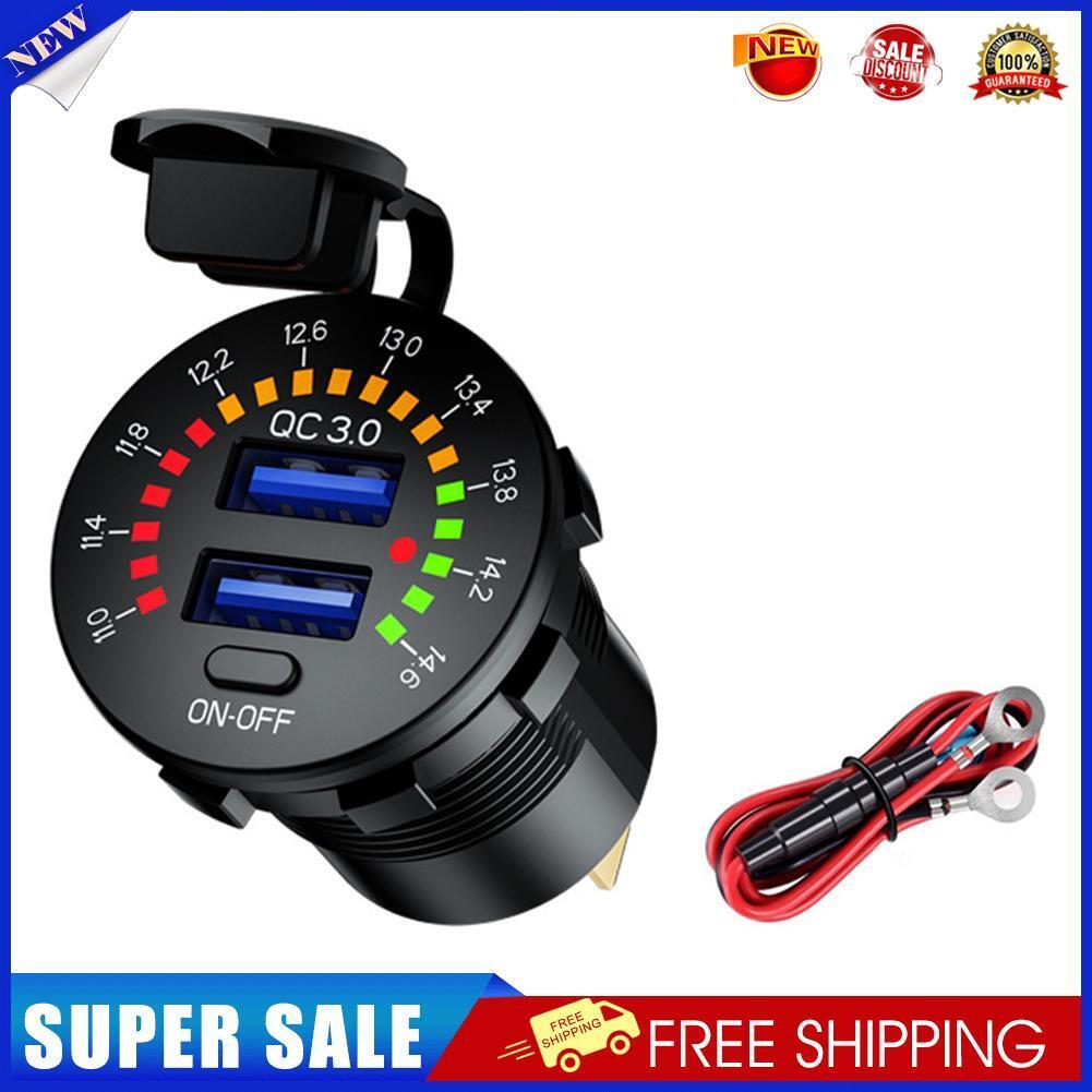 Car Motorcycle Dual USB Charger QC3.0 Power Socket with Switch + Wires