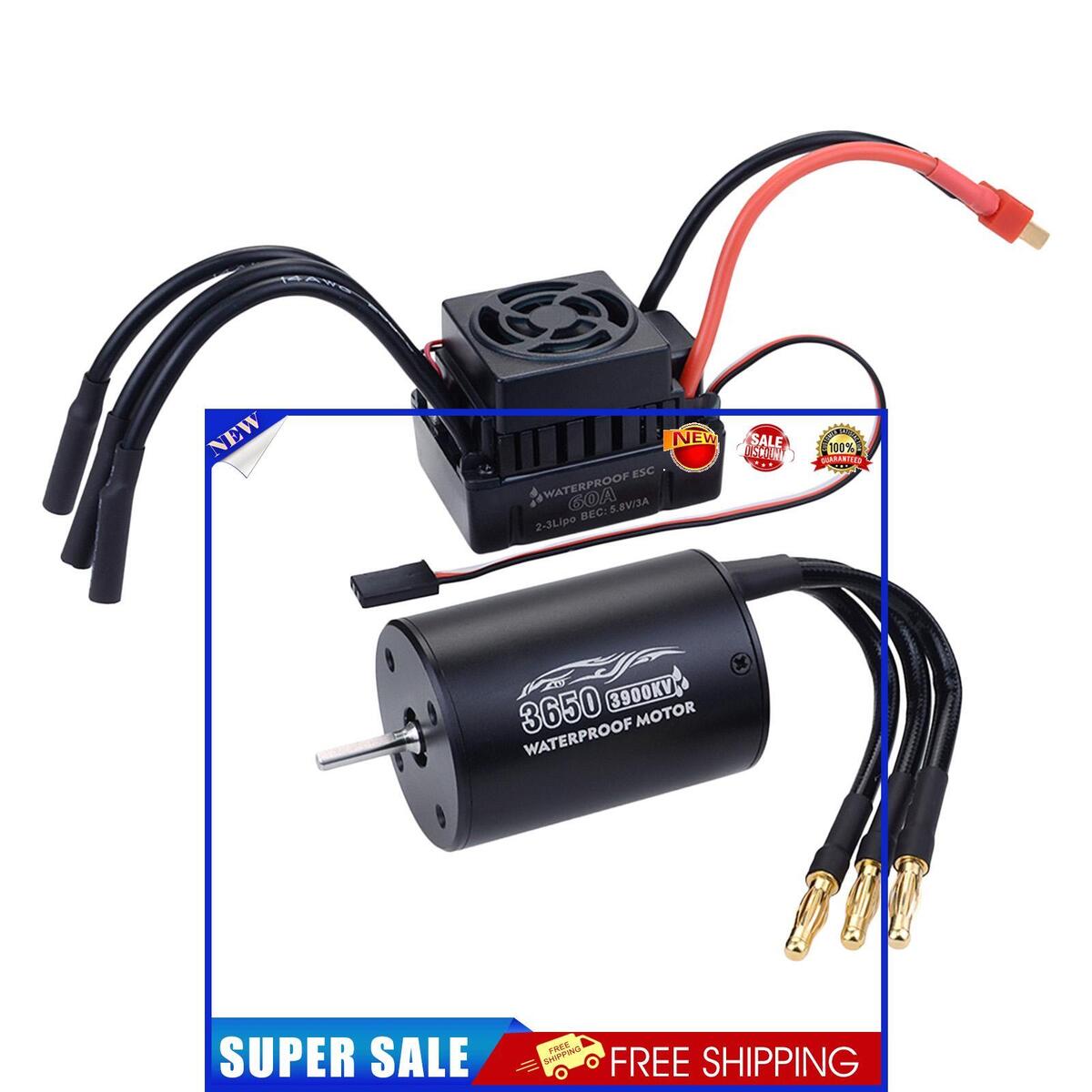 Waterproof 3650 3900KV Brushless Motor 60A ESC Combo for 1/10 RC Cars Black