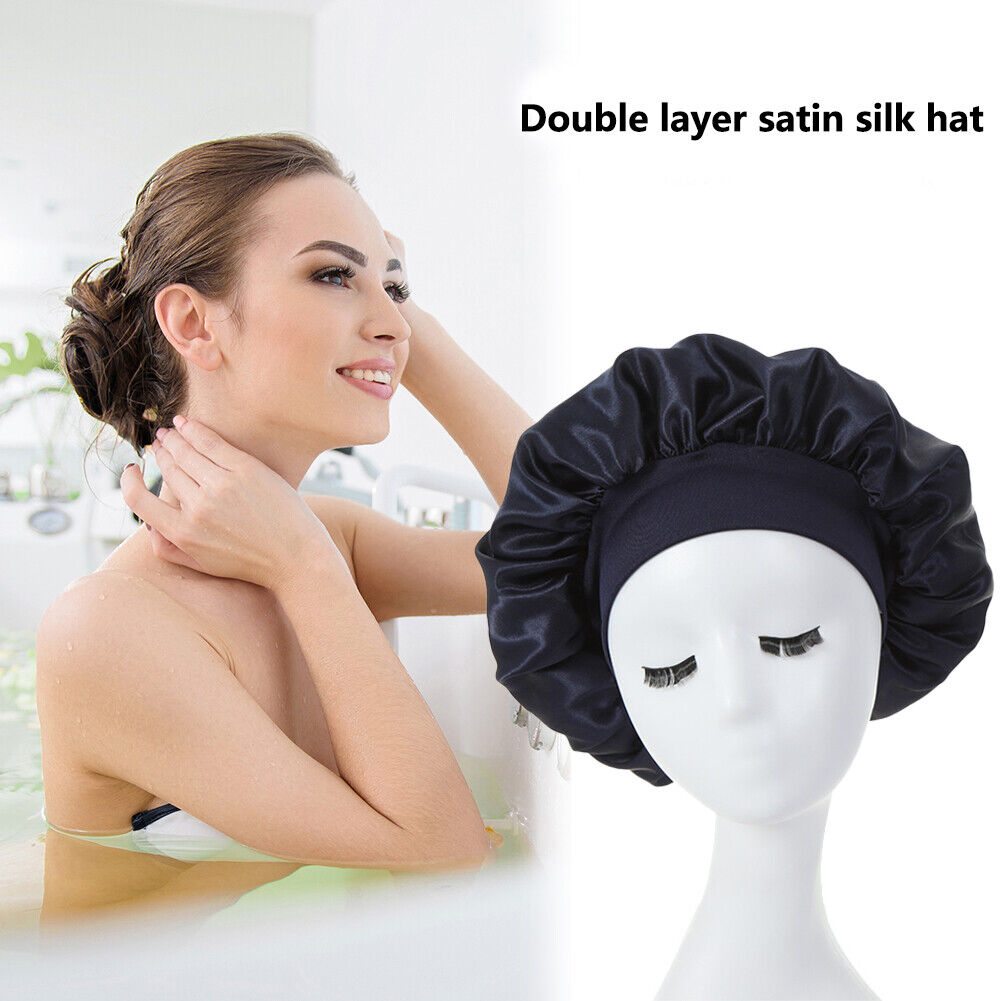 Women Night Sleep Hair Cap Satin Adjustable Curly Hair Styling Hat (Black)