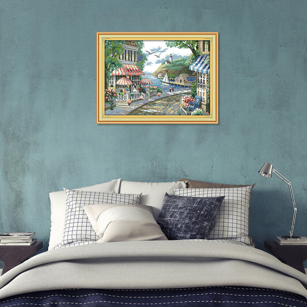14CT Stamp Print Canvas Cross Stitch Kit DIY Needlework (F645 Seaside Cafe)