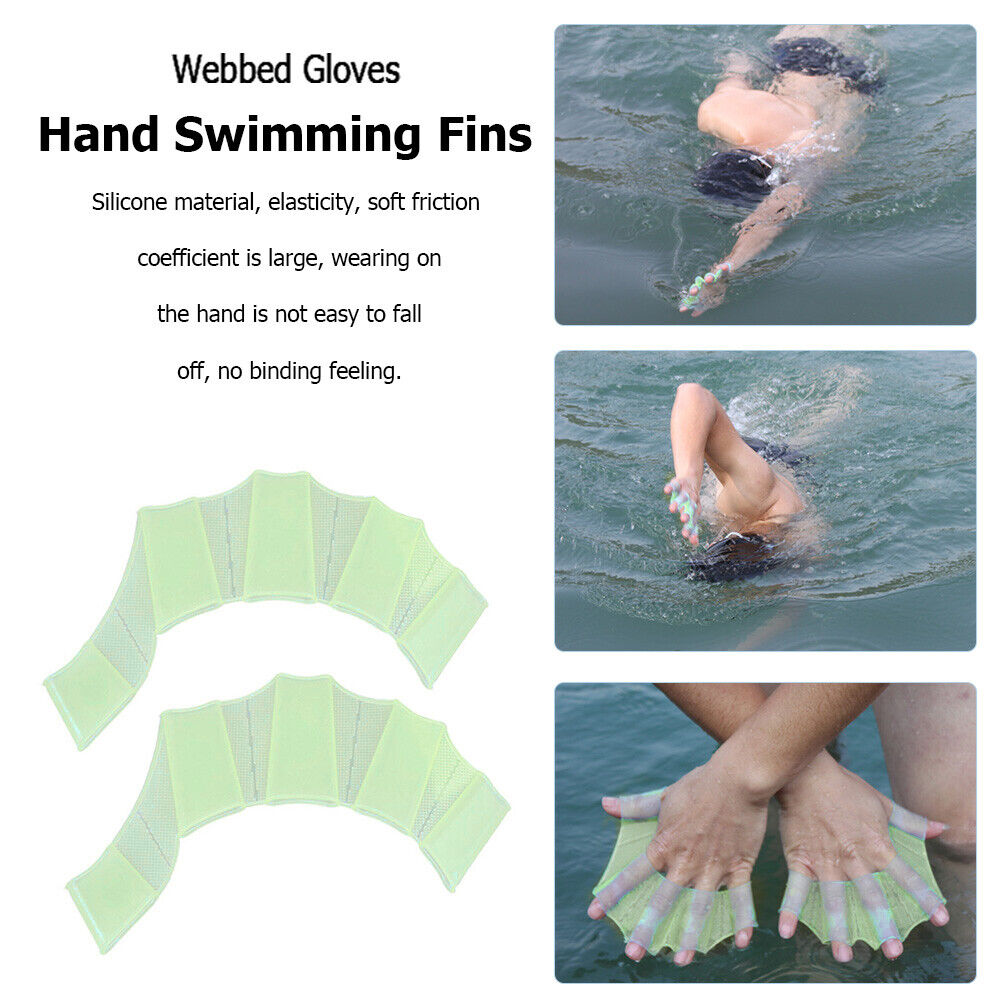 Finger Webbed Swim Gloves Fins Hand Web Flippers Training Paddles (Green L)