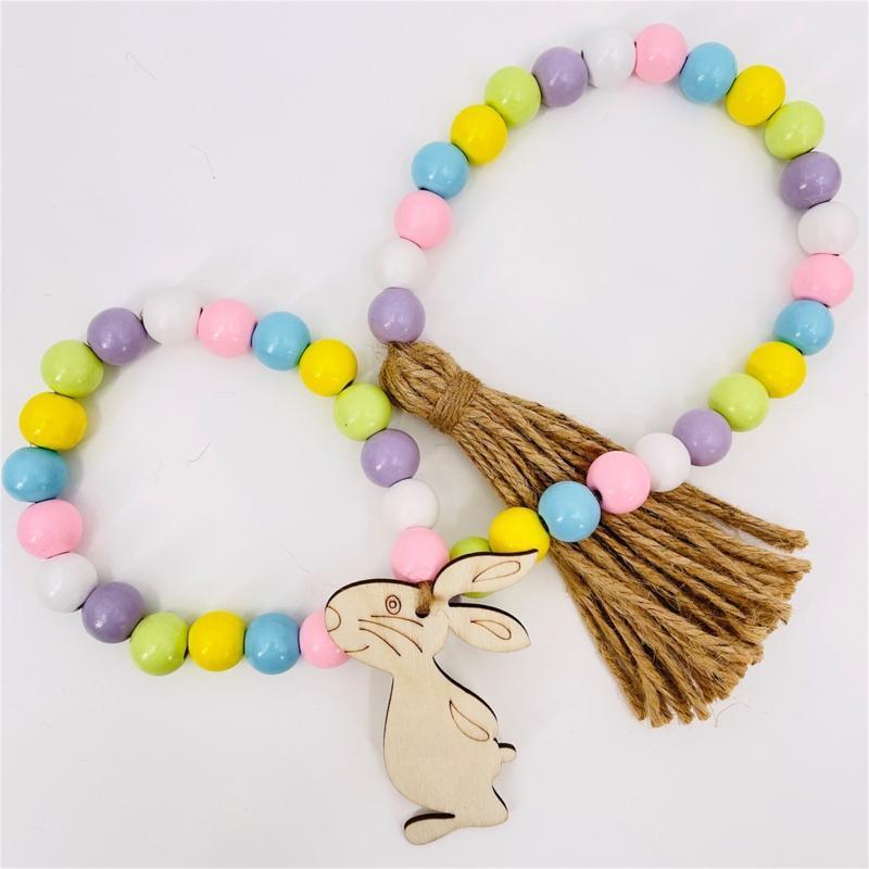 Easter Tassel Wood Bead Garland with Bunny Tag Beads String Pendant Hanging