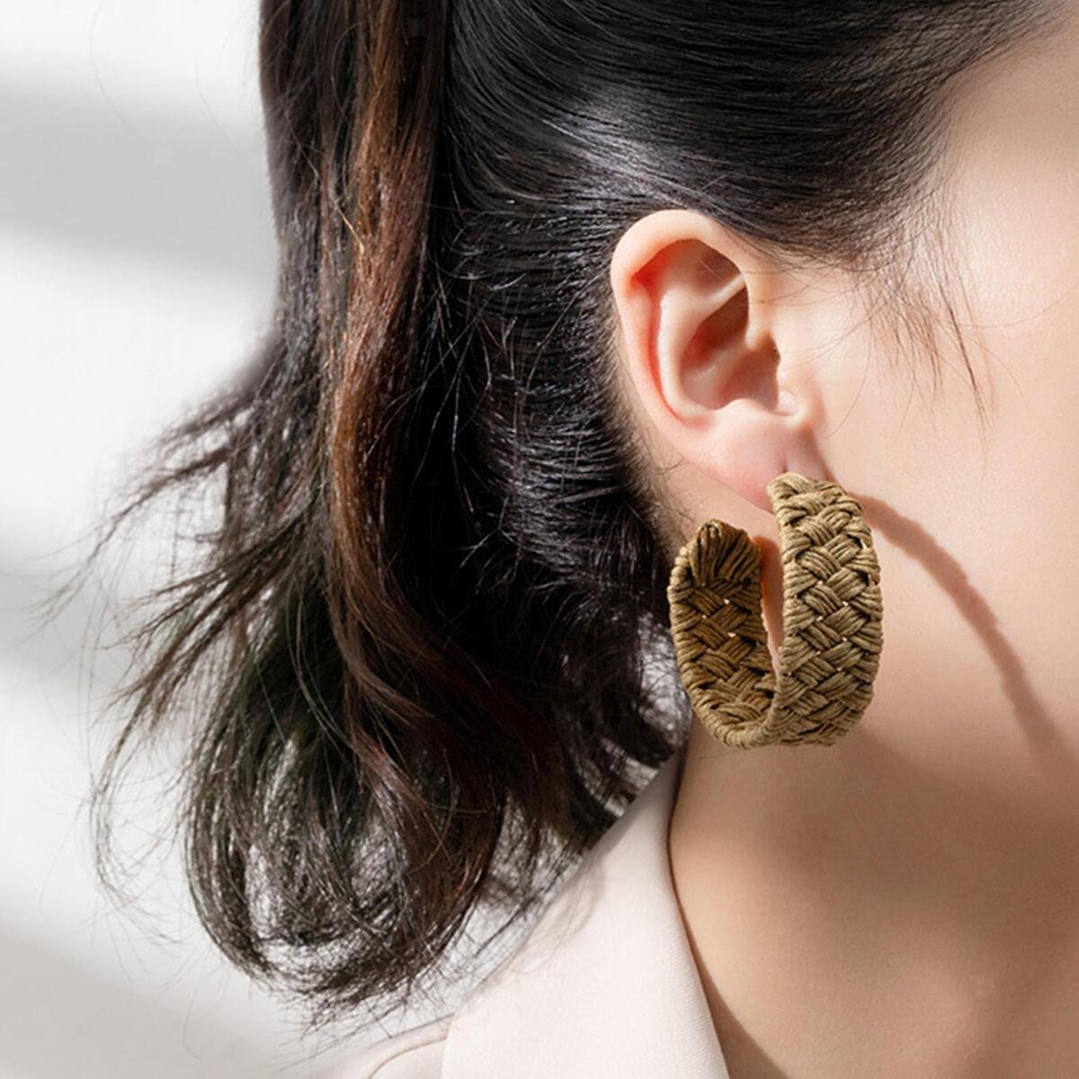 C Shaped Rattan Earrings Weave Hypoallergenic Statement Geometric for