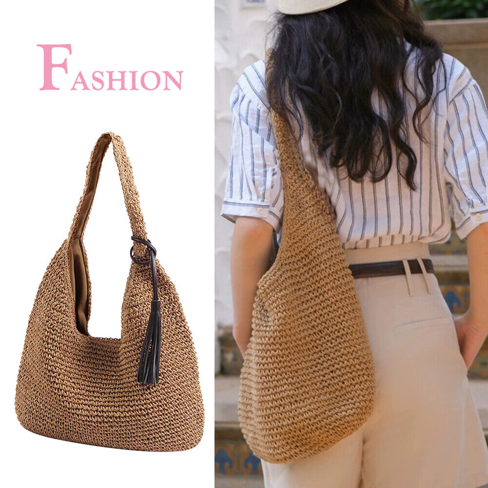 Boho Straw Shoulder Bag Women Large Capacity Woven Beach Vacation Handbags