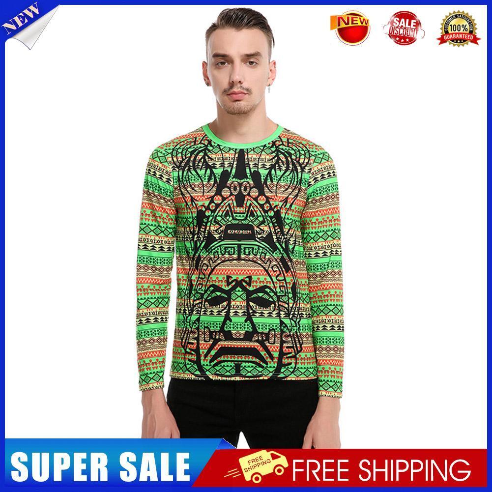 Cartoon Striped Print Men Long Sleeve T-shirt Casual O-Neck Tops Tee(XXL)-1