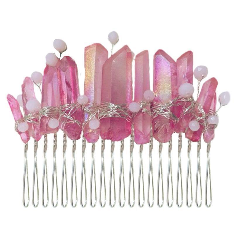 Handmade Natural Stone Bridal Hair Comb Pink AB Quartz Crystal Tiara Headpiece