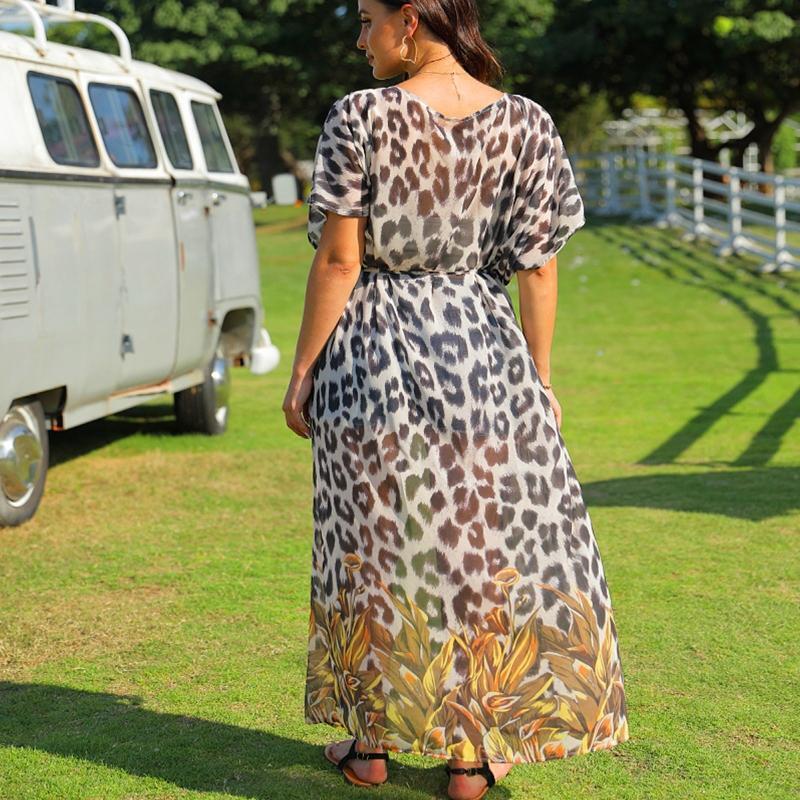 Women Maxi Kimono Cardigan Boho Leopard Print Belted Chiffon Cover Up Blouse