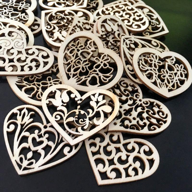 50pcs Carving Hollow Heart Flower Wooden Painting Scrapbooking Craft Handmade