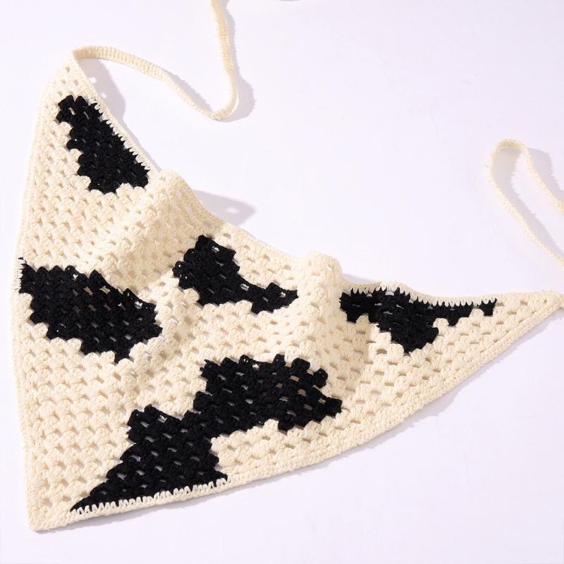 Cow Pattern Knitted Hair Kerchief Crochet Bandana Tie Back Head Wrap for Women