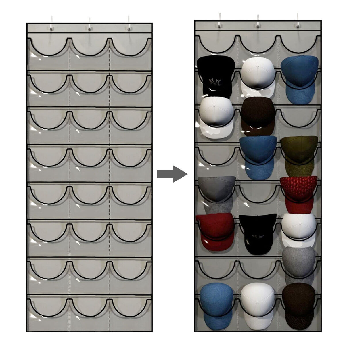 Baseball Hat Rack 24 Clear Hanging Over The Door to Protect Cap (Grey)