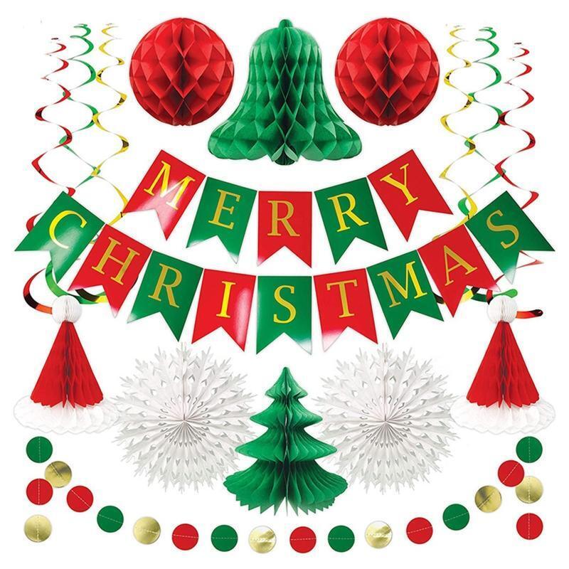Xmas Party Backdrop Paper Fan +Banner Set Hanging Ornaments for Christmas Party