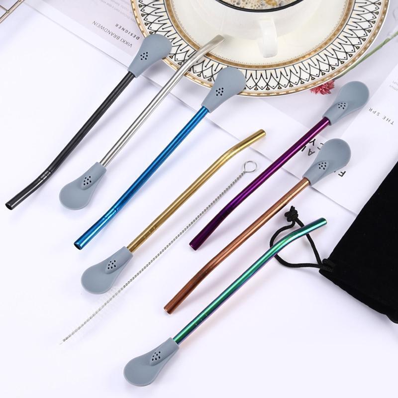 Stainless Steel Straw Spoons Set Drinking Stirring Spoon Filter Straw Detachable