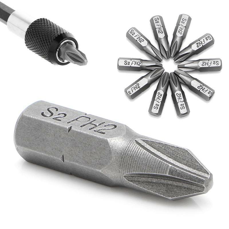 10 Pcs S2 Steel Screwdriver Bits 25mm Hex Shank Torque PH2 Antislip Magnetic