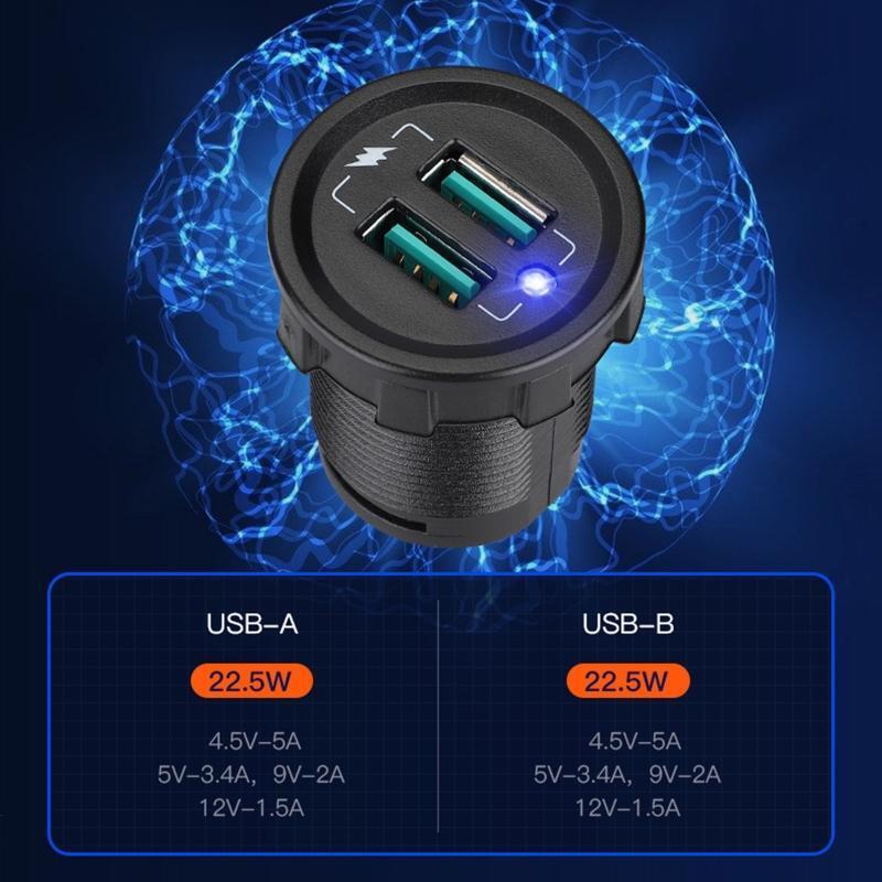 12V-24V 22.5W QC 3.0 Dual USB Charger Fast Charging Port Phone Charging Socket