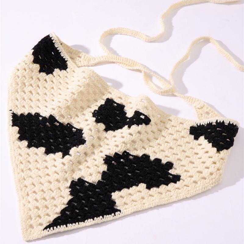 Cow Pattern Knitted Hair Kerchief Crochet Bandana Tie Back Head Wrap for Women
