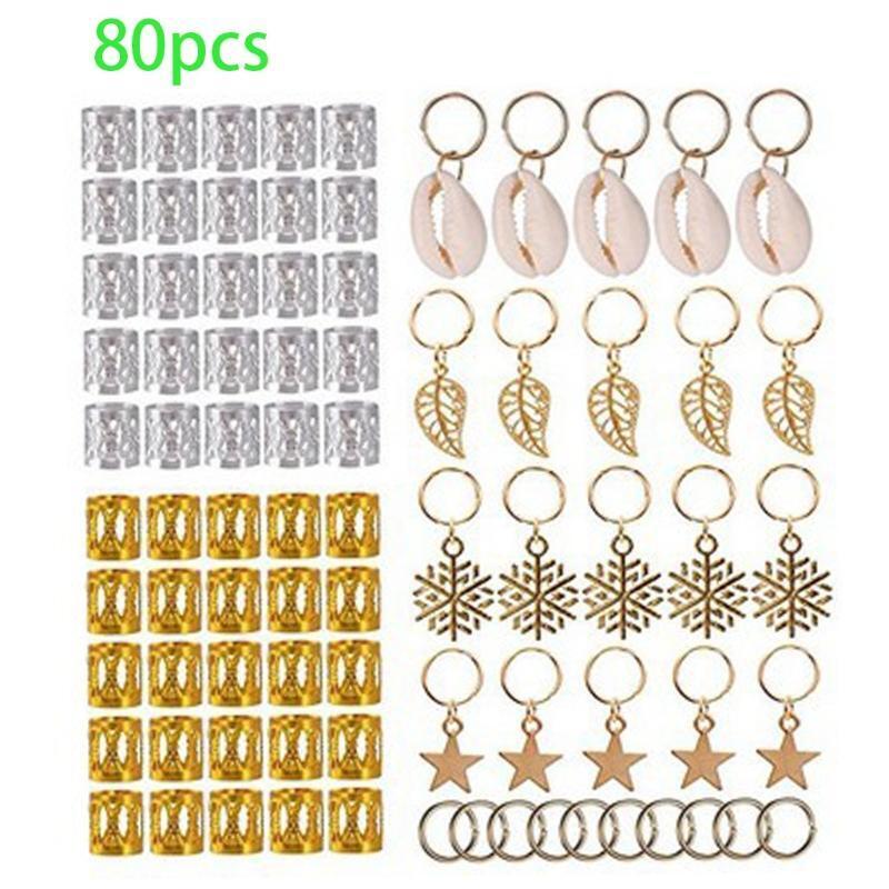 80 Pieces Hair Jewelry Aluminum Dreadlocks Beads Metal Cuffs Rings Shell Charms