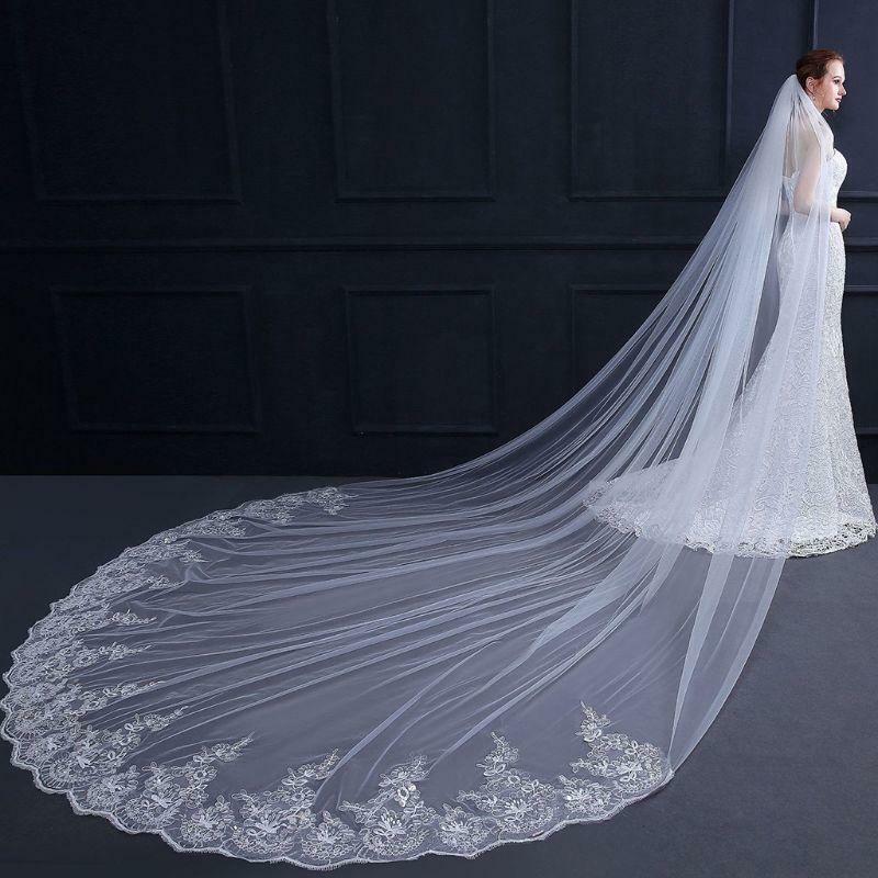 4M One-Layer Women Trailing Cathedral Long Wedding Veil Embroidered Floral Lace