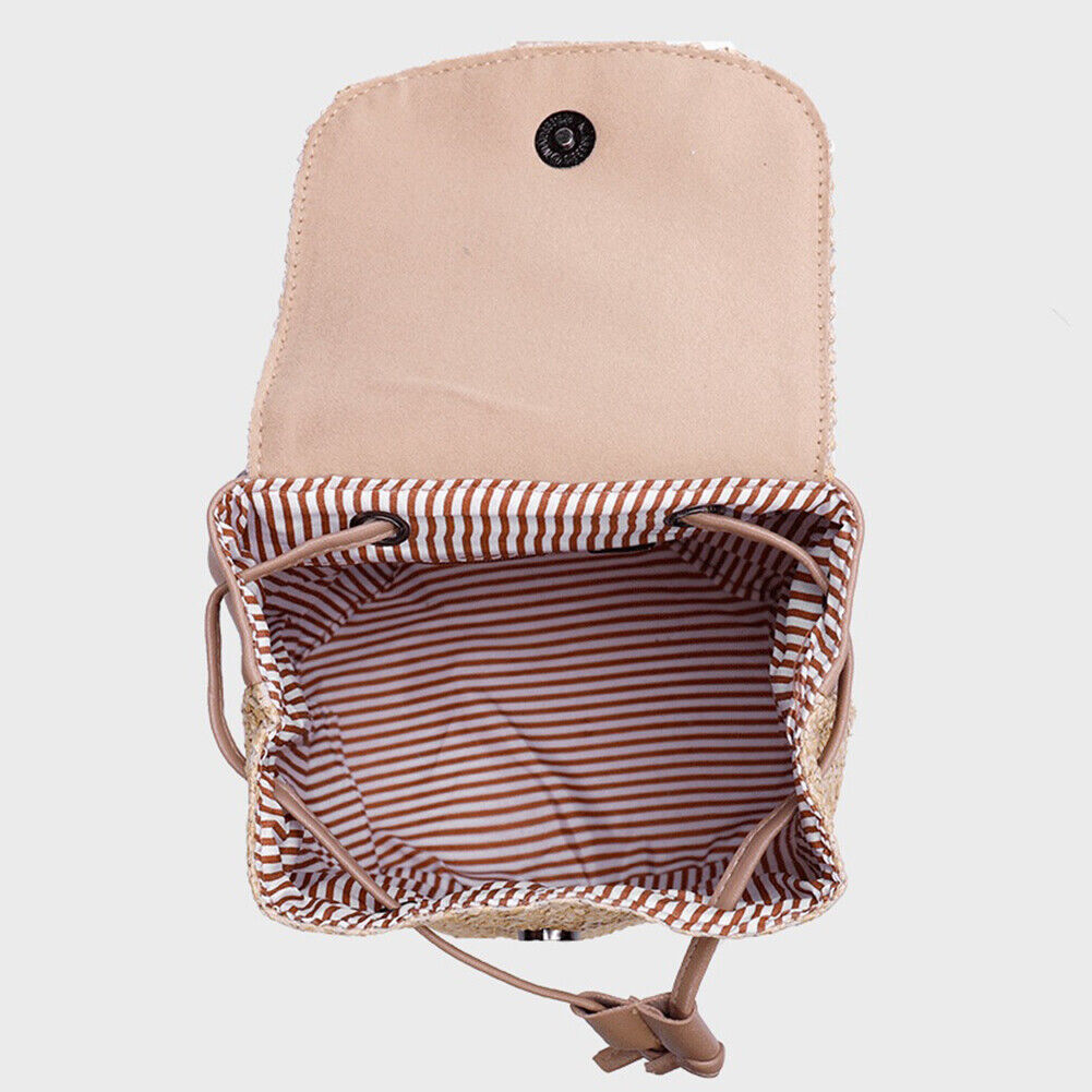 Straw Bucket Backpack Women Summer Beach Travel Drawstring Shoulder Bags