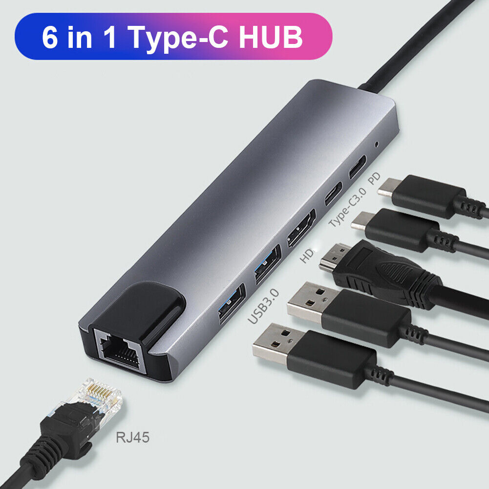 6 in 1 USB C HUB 2 USB 3.0 4K HDMI-compatible Type-C 100W PD RJ45 Adapter f