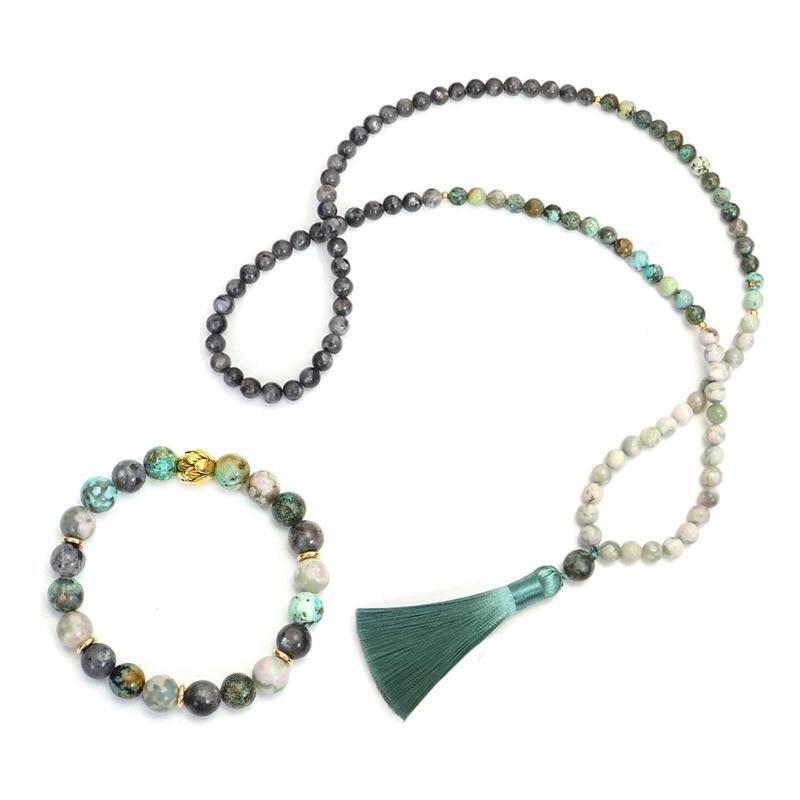 Long Strand Boho Fashion Necklace Bracelet Set Turquoise Beads Necklace Tassel