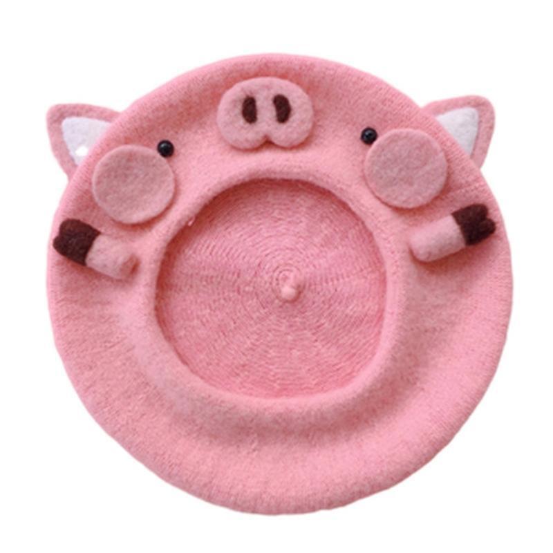 Lovely Pink Piggy Beret Octagonal Hat Wool Beret All-match for Valentine's Day