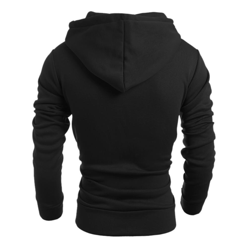 Men Hoodies Solid Zipper Hooded Coat Autumn Casual Outerwear (Black)(XL)