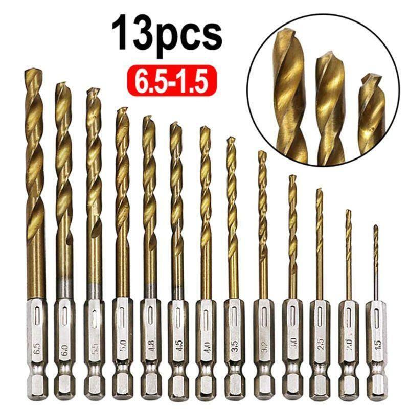 13PCS/SET 1.5-6.5MM HSS High Speed Steel Titanium Coated 1/4 Hex Shank Drilling