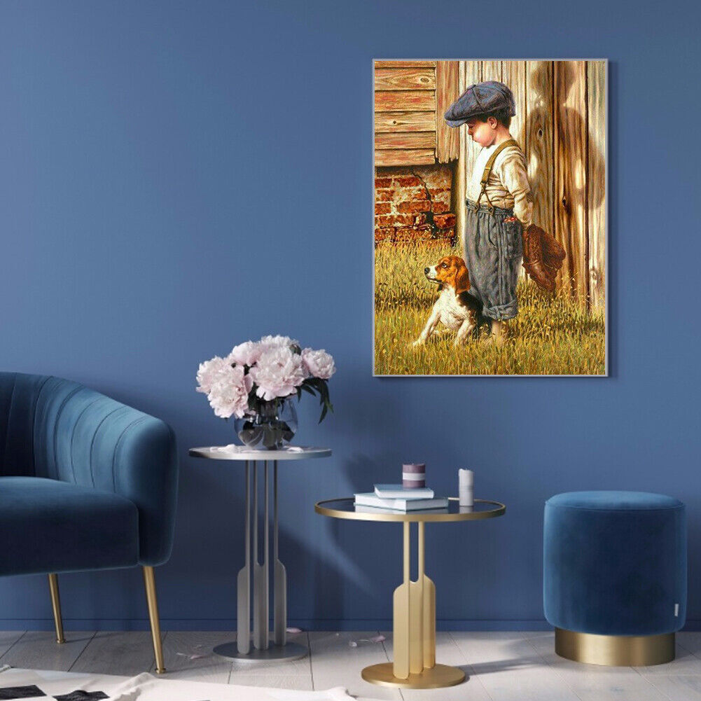 Little Boy and Dog Picture Rhinestone Full Round 5D DIY Diamond Painting