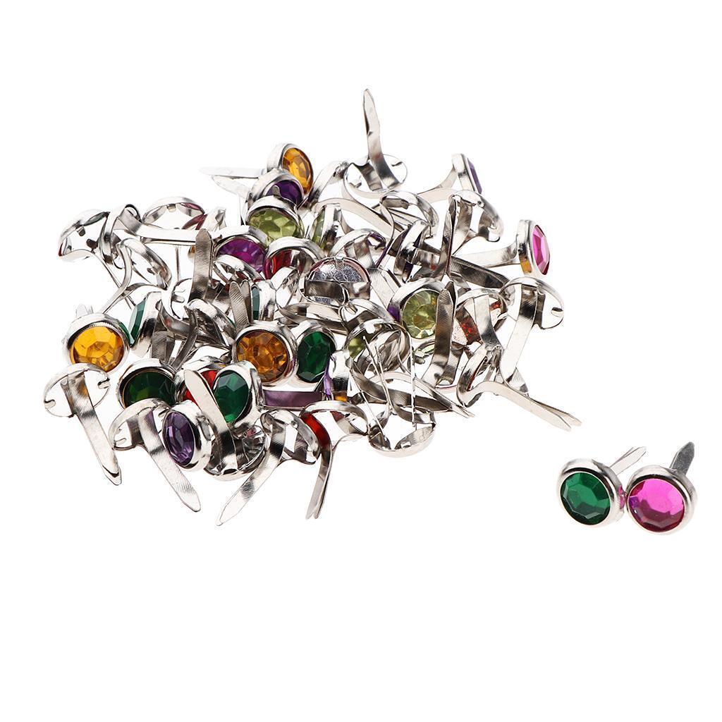 100 Pieces Assorted Color Metal Rhinestone Head Brads Paper Fasteners 7mm