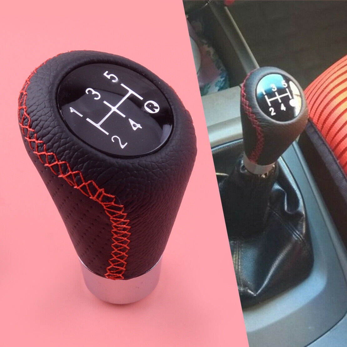 Universal 5 Speed Black Leather Manual Car Gear Shift Knob Shifter Lever Durable