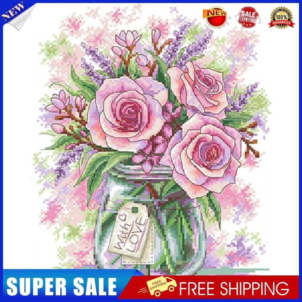 Partial Embroidery Kits Pink Rose 11CT Stamped Needlework Home Art Decor