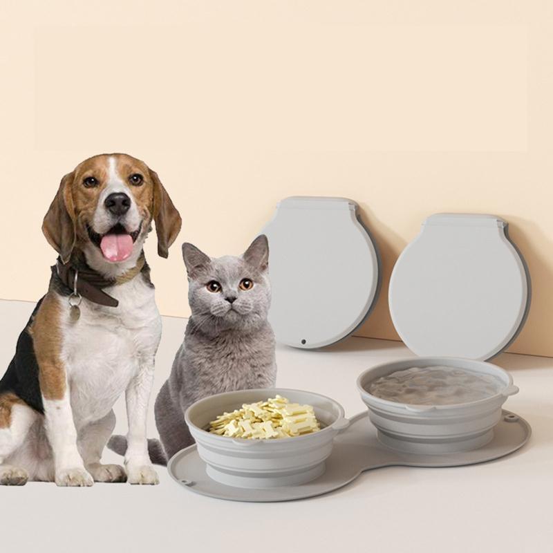 Foldable Dog Double Bowl Eco-Friendly Dog Cat Water Bowl for Traveling Hiking