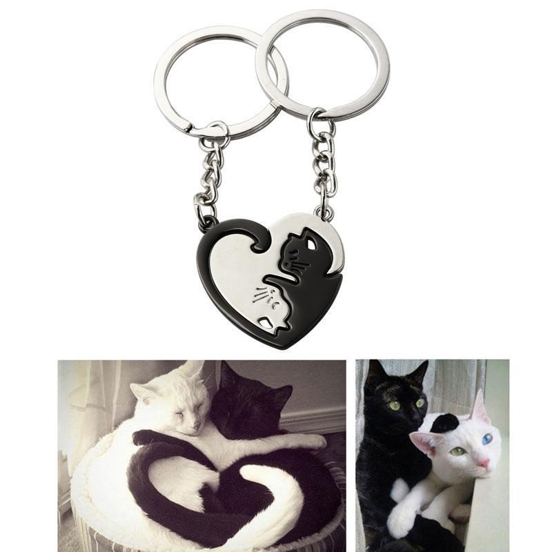 Couple Keychain Cute Black White Matching Puzzle Cat Animal Pendant Keyring Gift