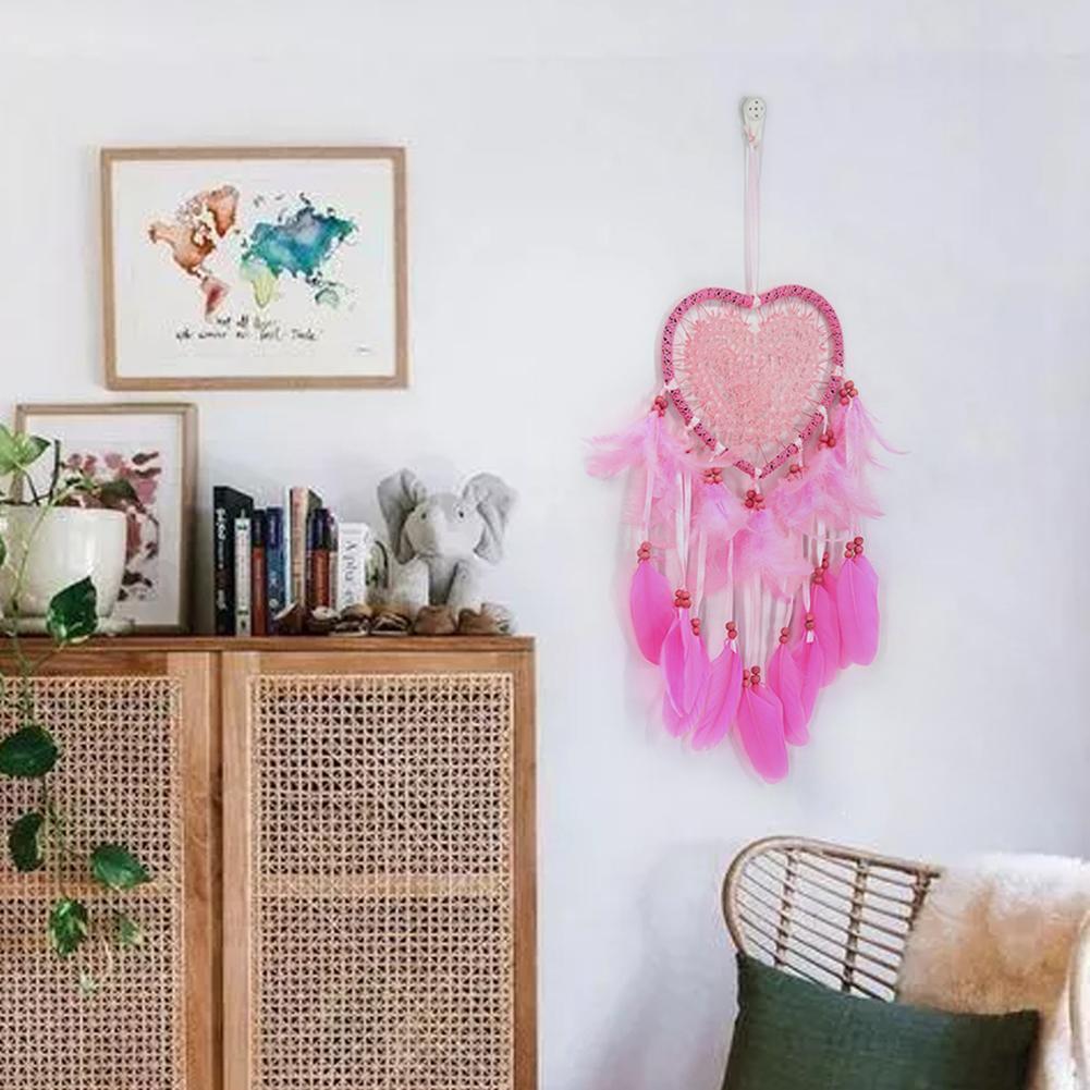Pink Feathers Love Heart Dream Catcher Pure Handmade Wall Hanging Pendant