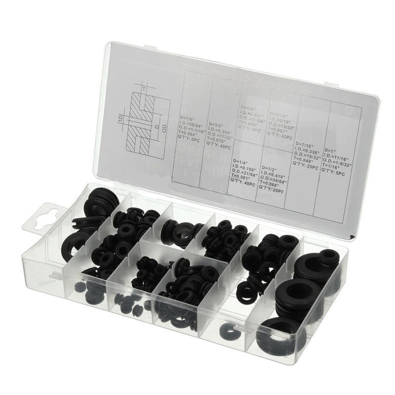 180pcs Black Rubber Grommet Assortment Sealing Wire Gasket Kit 8 Popular Sizes