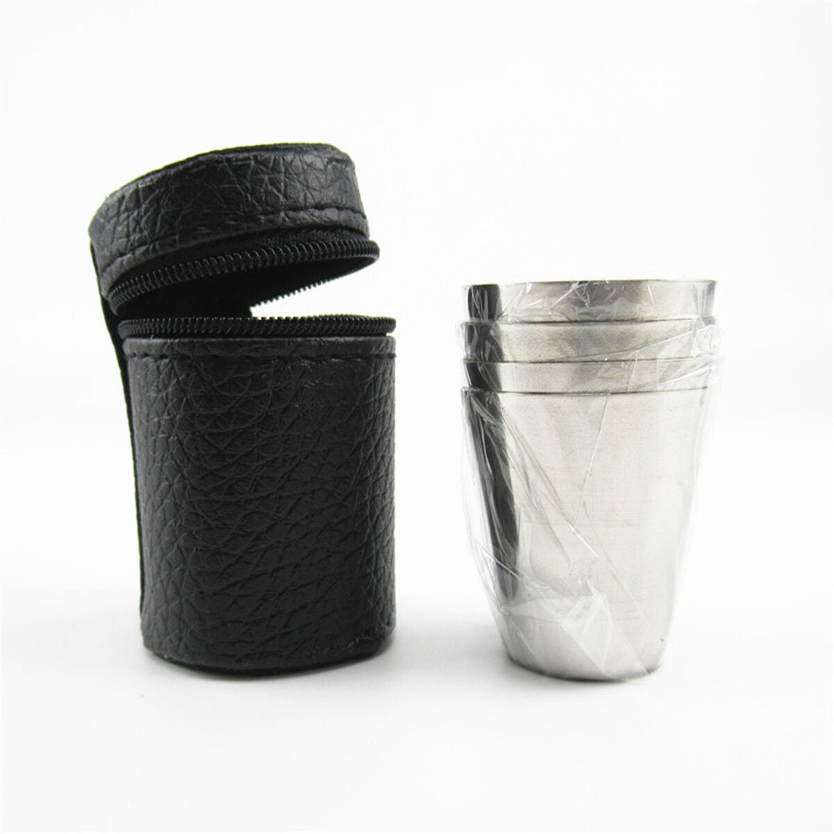 4x Camping / Travel Stainless Steel Shot Glass Set with PU Leather Case Cover