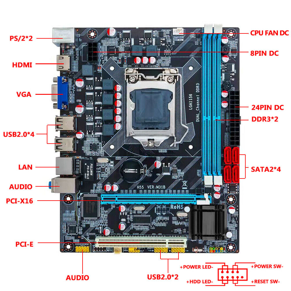 Computer H55 Motherboard SATA USB2.0 DDR3 for LGA 1156/i3/i5/i7 Game Board