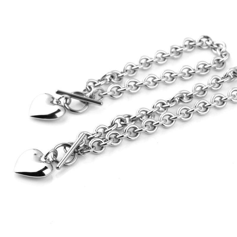 Girl Heart Shaped Toggle Bracelet Stainless Steel Chain Pendant Necklace Jewelry