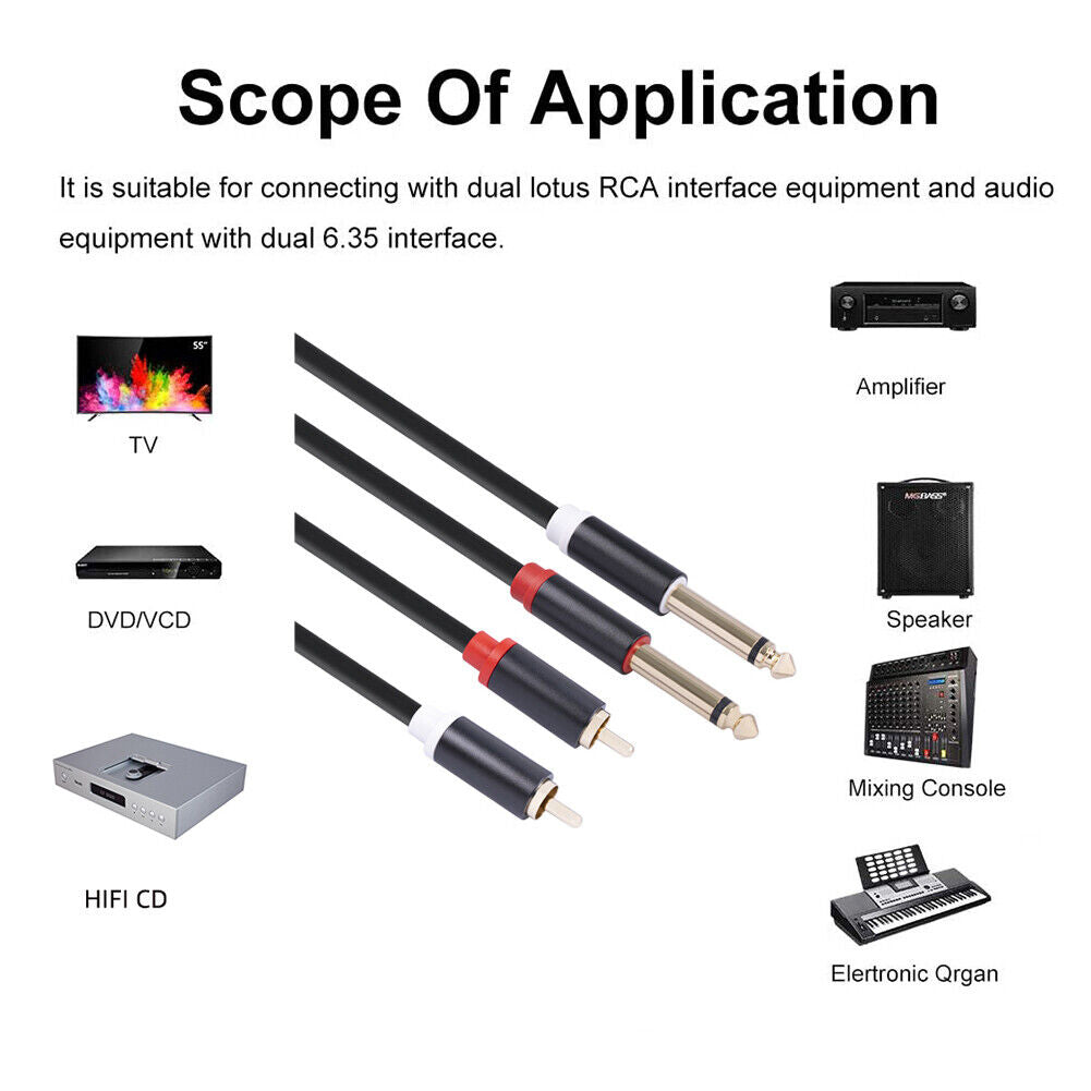 Mixer Audio Cable 2RCA Male to Dual 6.35 Male Stereo Aux Splitter Cable